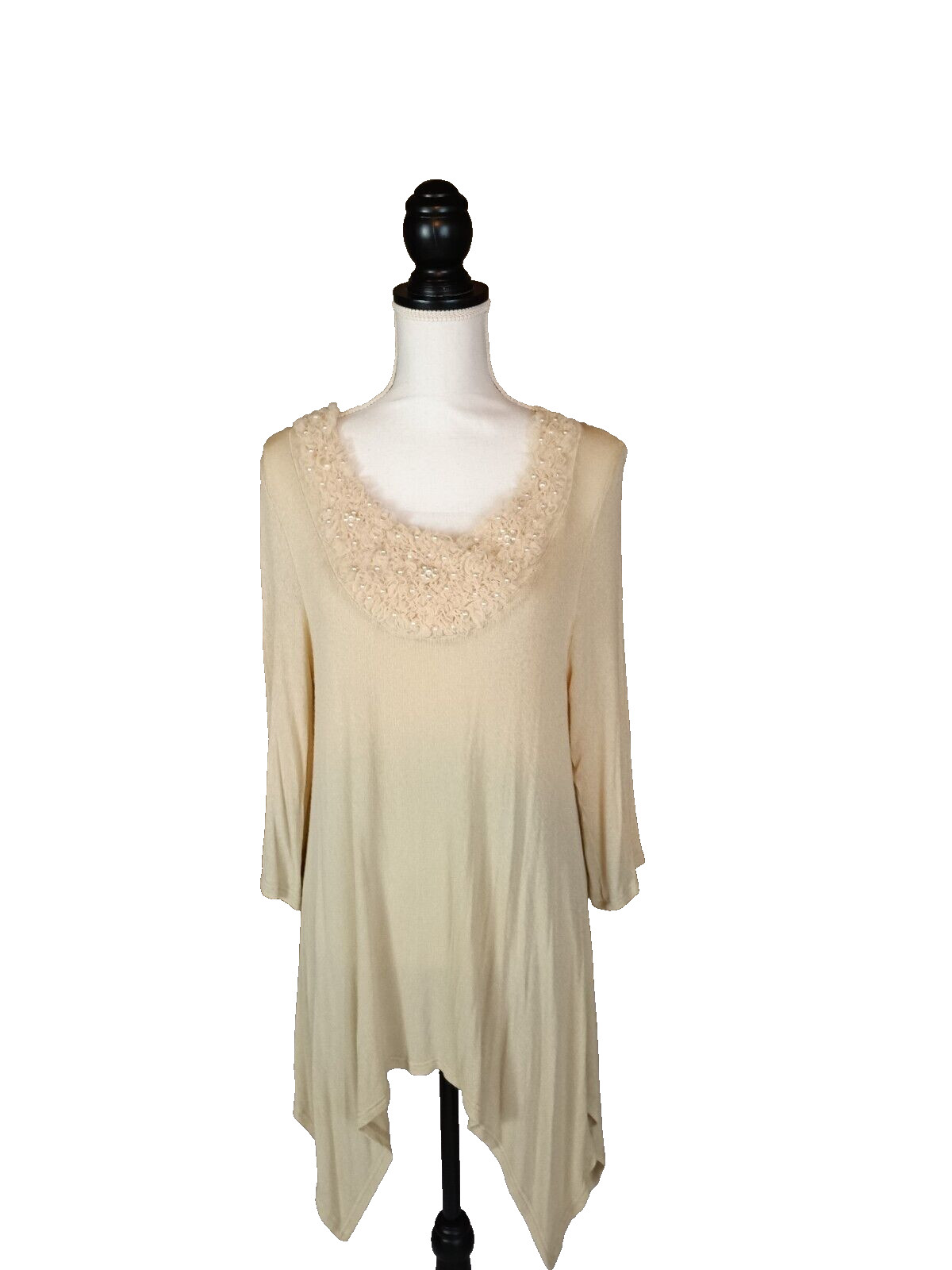 Cal Style Top Womens M Beige Tunic Pearl Studded Semi Sheer Boho Dressy Chic