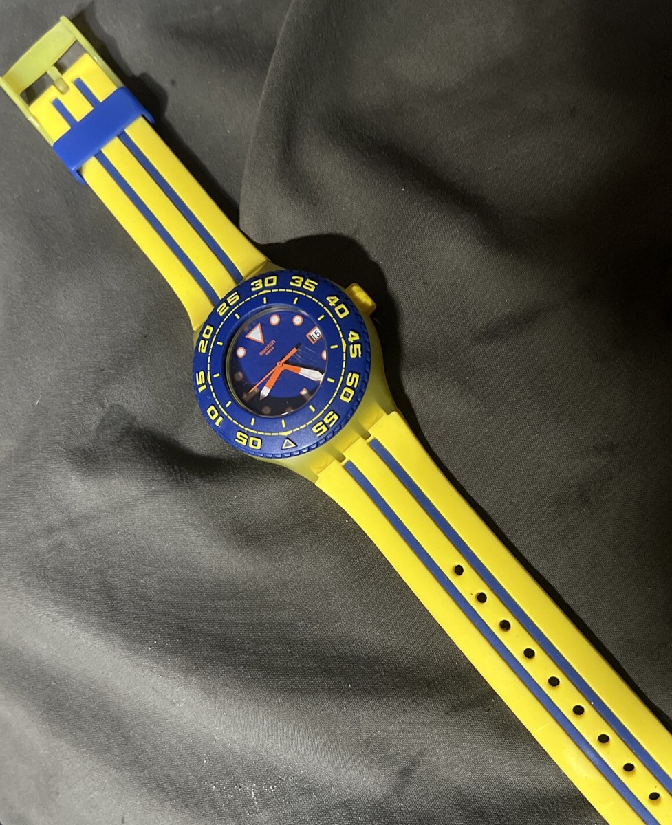 Swatch Playero Blue and Yellow Silicone Men's Watch Msrp $95