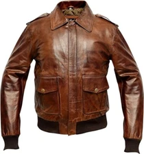 Mens Aviator A2 Jacket Distressed Brown Real Leather Bomber Military Jacket