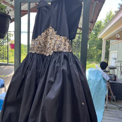 Vintage 1930s/40s black Heavy Rayon Satin formal dress gown Gold Sequins - Picture 1 of 12