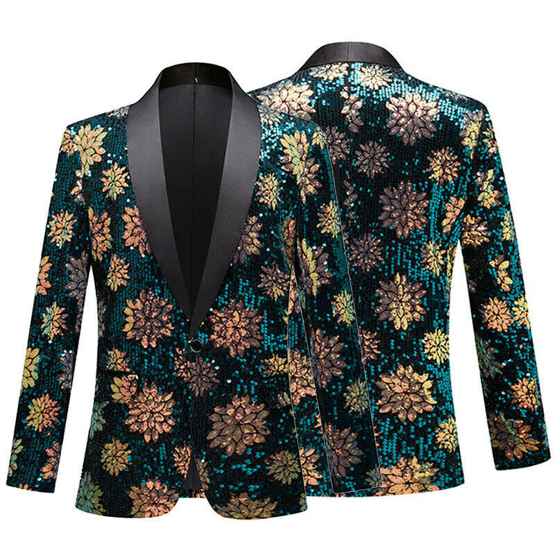 Men Flower Sequin Suit Jacket Dress Blazer Stage Showman Costume Coat Party
