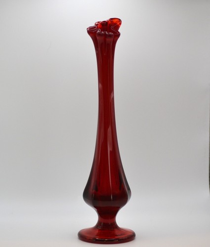 Fenton Ruby Red Glass Swung Bud Vase Footed Vintage 9.25 Inch