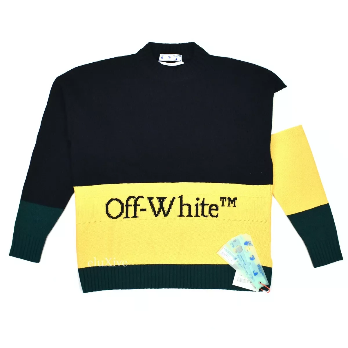 NWT $850 Off-White Color Block Logo Knit Sweater Black Yellow Mens S AUTHENTIC