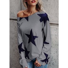 Women's One Off Shoulder Long Sleeve Tee Shirt Top Star Print Pullover Blouse