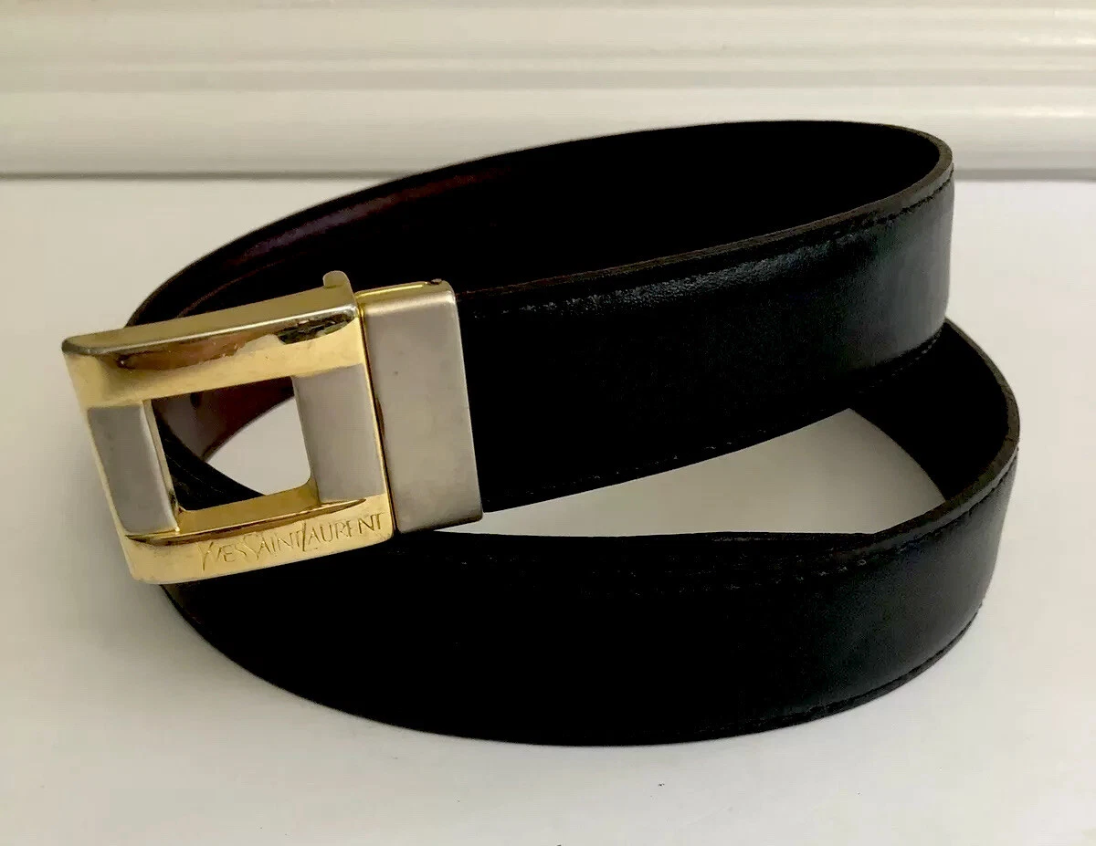 YVES SAINT LAURENT Black/Brown Reversible Leather YSL Belt 38 Made
