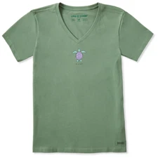 Life is Good. Women's Watercolor Turtle Short Sleeve Crusher Vee, Granite Green