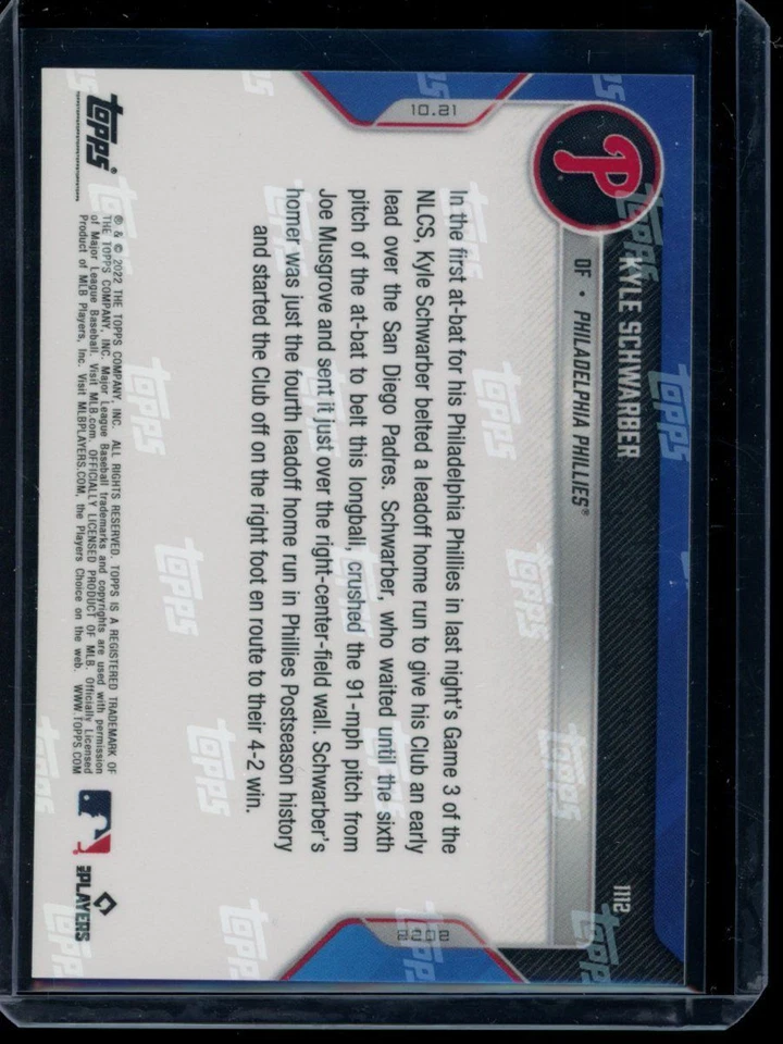 2022 Topps Now #1112 Kyle Schwarber Orange Parallel Card #d /5 - Image 2 of 2