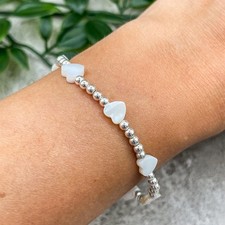 Sterling Silver Heart White Shell Bead Stretch Stacking Bracelet Jewellery Gift