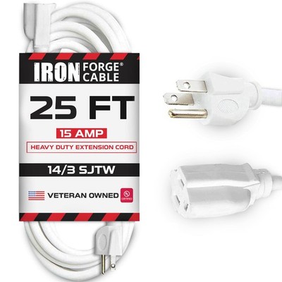 Weatherproof 25 Ft Outdoor Extension Cord - 14/3 SJTW Heavy Duty White Extens...