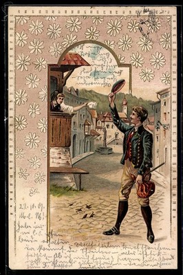 AK Muss i denn zum Städtle ´naus, Herr winkt Frau auf dem Balkon zu 1901 