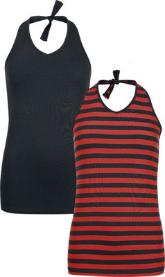 RED by EMP Damen schwarz/rot gestreifte Neckholder-Tops im Doppelpack