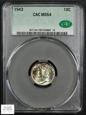 1943 Mercury Silver Dime 10C CACG MS 64 CAC (Gorgeous Toning!!!) - Mercury Dime
