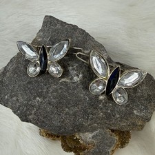 Vintage Pair of Silver Tone Clear  Black Acrylic Butterfly Barrettes