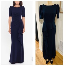 Xscape Ruffled Scuba 3/4 Sleeve Long Evening Gown, Midnight, Sz 10 NWT