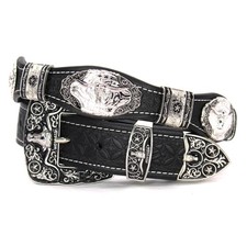 Men Western Concho Belt - Genuine Leather Rodeo Cowboy Belt Black with Silve...