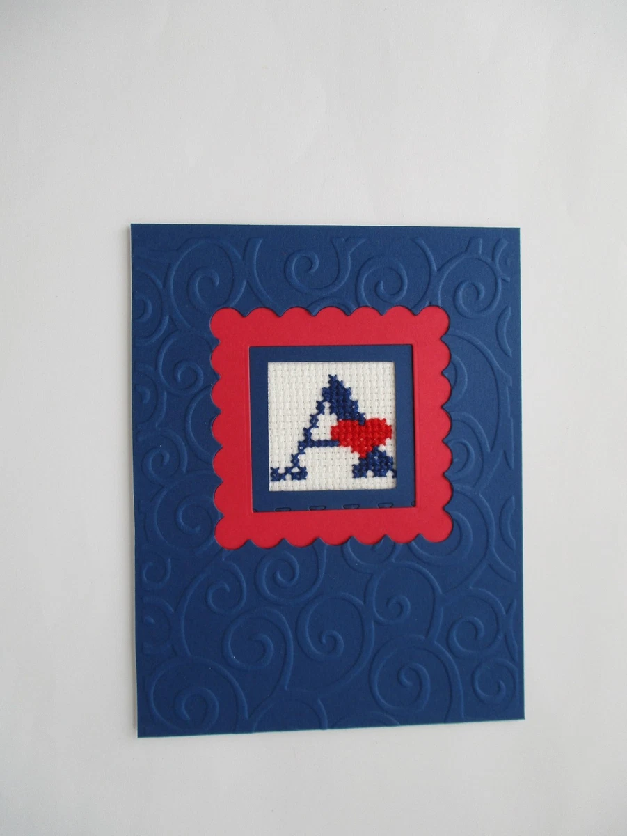 Handmade Greeting Card Cross Stitch Completed Finished Monogram A