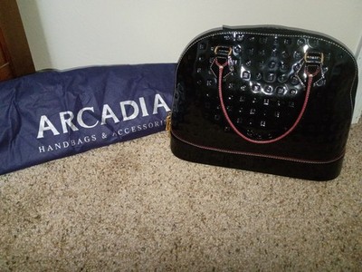 Arcadia Black Patent Pink Trim Zip Top Handle Satchel, Made in Italy, Dust Bag