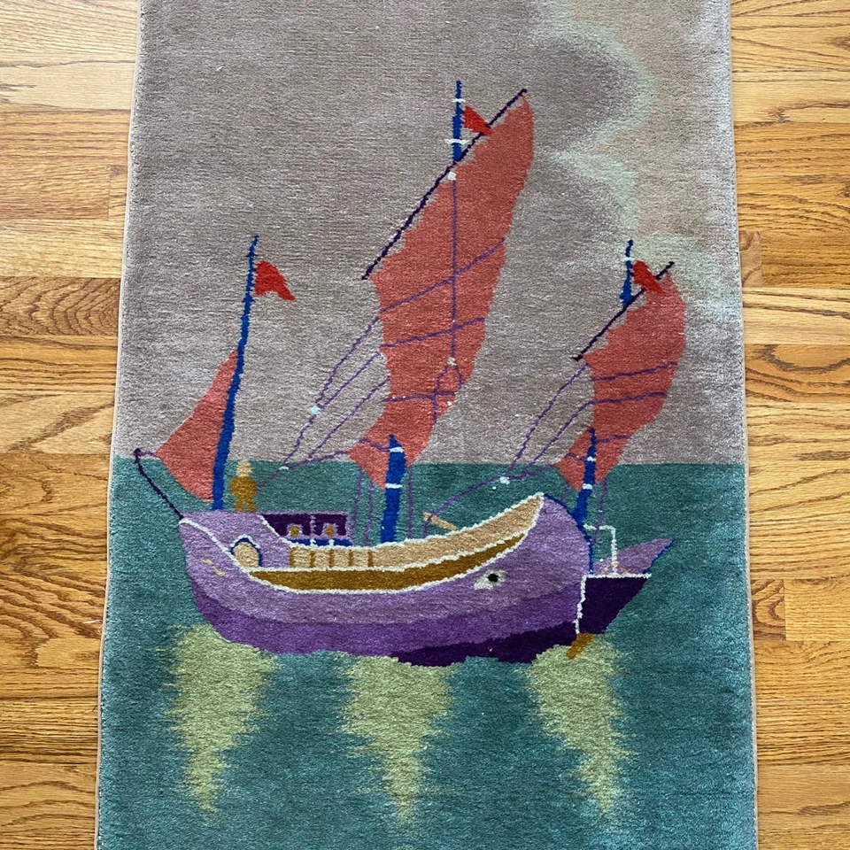 Antique Chinese Rug 46" x 24" Junk Handmade Wool Asian Oriental Boat Motif - Image 2 of 4