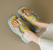 Women Real Leather Flat Slippers Lady summer Sweet Bow Candy Color Flip-Flops