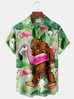 Flamingo Bigfoot Hawaiian Shirt Men Aloha Summer Beach Button Down Holiday Party