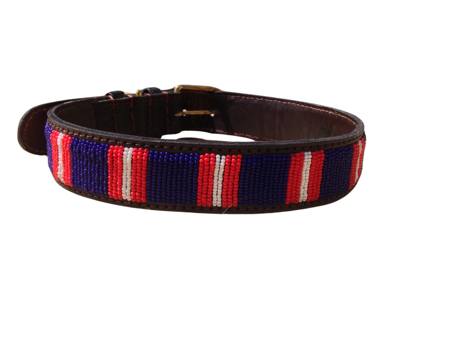Beaded Leather Dog Collar&Leash African Maasai Blue/ Red Custom Pet Name XXS-XXL