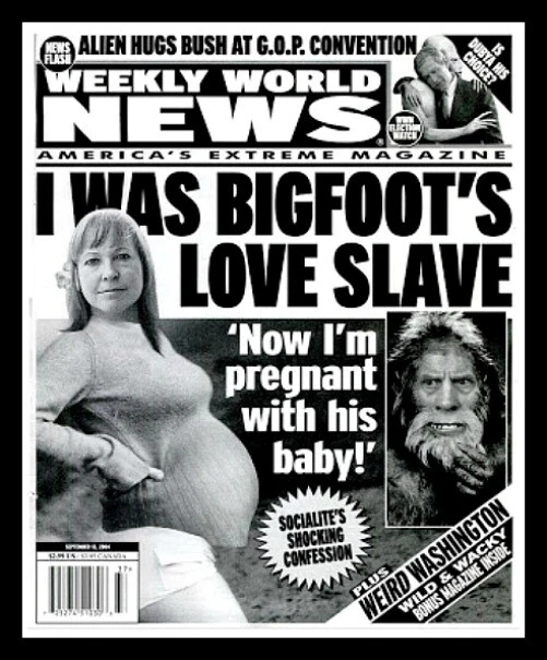 4.5" Funny tabloid vinyl sticker. Shocking! "I Was Bigfoot's Love Slave" decal. - Picture 1 of 2