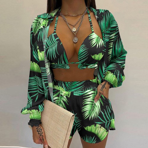 3Pc Bikini Set Cover Up Swimsuit Long Sleeve Push Up Beach Wear Shorts Bathing - Picture 15 of 24