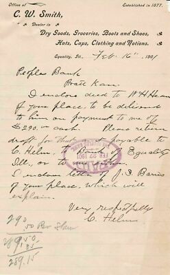 U.S. C. W. Smith Equality Ill. 1901 Dealer in Clothing Etc Paid Invoice Rf 42365