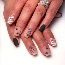 Halloween Press on Nails Square Short Fake Nails with Spider & Mummy Designs
