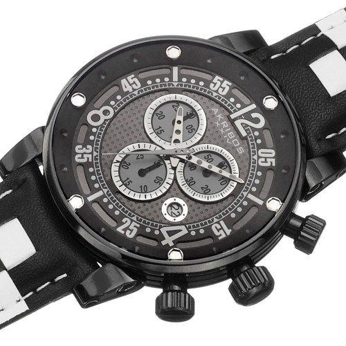 Nuovo Orologio Uomo Akribos XXIV AK612BK Cronografo Al Quarzo A Scacchi Pelle Bianca - Foto 2 di 5