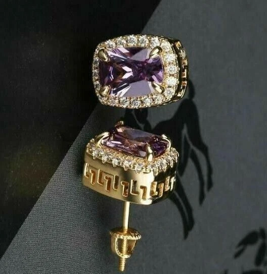 Women's 3 Ct Cushion Lab Created Amethyst Stud Earring's 14K Yellow Gold Plated - Image 3 of 4