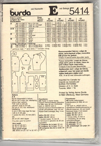 Burda Sewing Pattern Women's JACKET TOP SKIRT 5414 Size 10-12-14-16 UNCUT - Picture 2 of 2