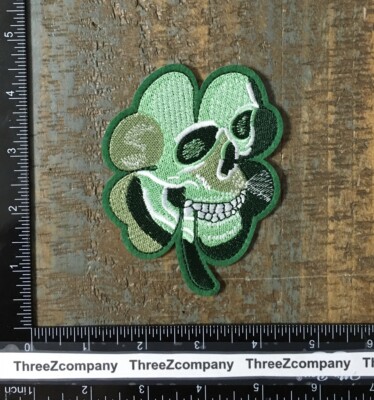 SKULL Shamrock Four Leaf Clover Lucky Skeleton Green Irish Iron-On Patch