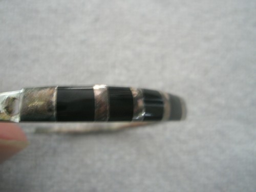 Silver Tone BRACELET w/ Black Enamel Bands & Hinged Closure - Picture 3 of 6