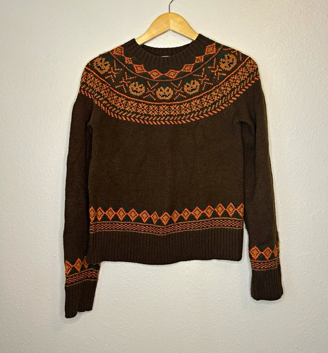 Kiel James Patrick Cozy Cabin Sweater XS Brown Fall Pumpkins Spooky Halloween