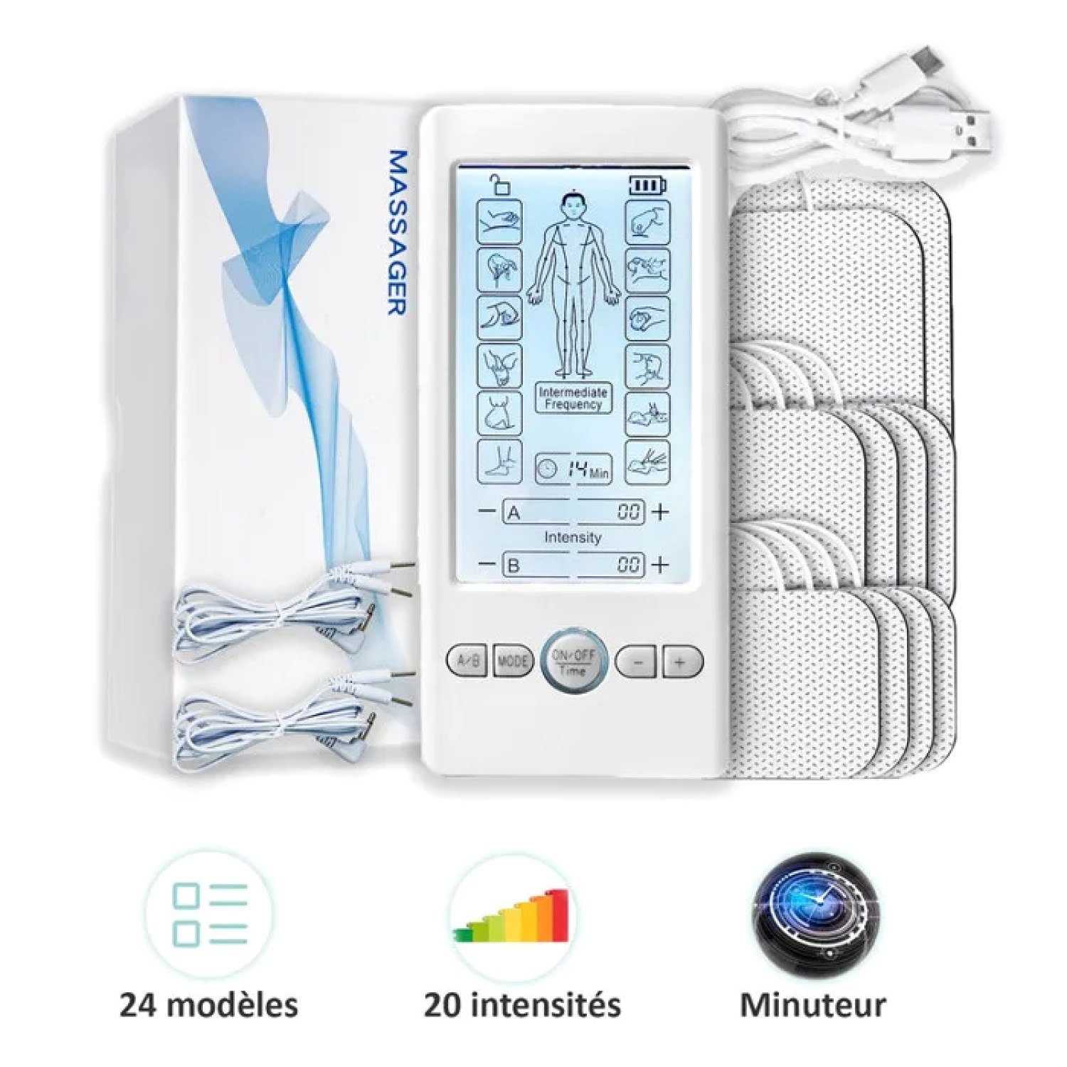 Soulagement douleur par electrostimulateur TENS EMS double canal rechargeable