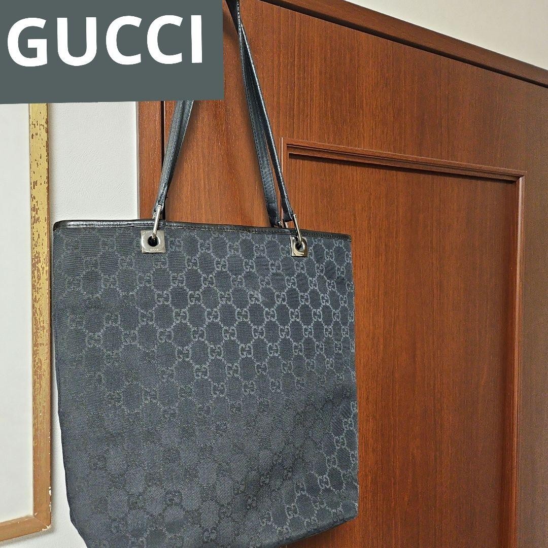 Gucci GG Canvas Tote Bag with Black Leather Trim 13x12x5 Preowned