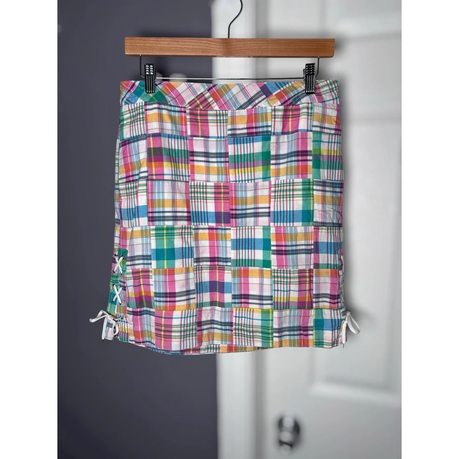 Talbots Pink White Multicolor Plaid Cotton Skirt Side Lace Up Size 8P