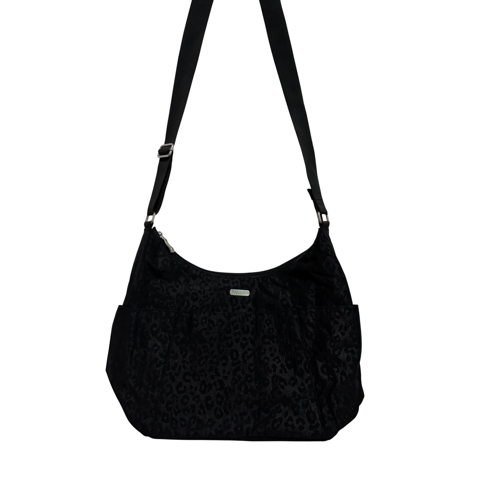 Baggallini Black Leopard Print Nylon Hobo Crossbody Bag Adjustable Strap Travel