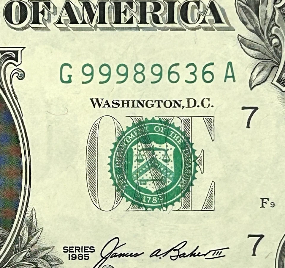 Super Off Center High Fancy Serial # 99989636 - GEM 1985 $1 Federal Reserve Note - Image 2 of 3