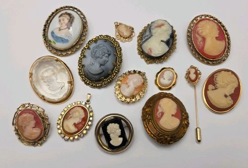 Lot Of 14 Vintage Costume Cameo Pin Brooch Pendant Jewelry Group#21