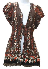 Venezia Y2K Womens 14/16 Fit & Flare Cotton Top Brown Floral Lace Trim Boho