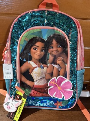 Disney Moana Girls' Sequined 17'' Wayfinder Backpack with Keychain, Coral