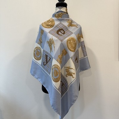 Burberrys Logo Silk Scarf 90 Carré Light Blue Gold Hand Rolled Made in Italy