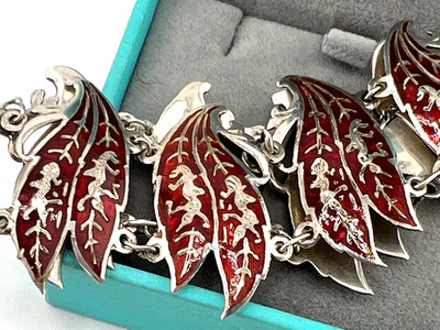 Vintage Siam red enamel bracelet 925 Sterling silver Niello dancer old small