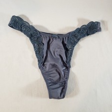 Victoria's Secret Second Skin Satin Thong Large Blue Purple Floral Lace