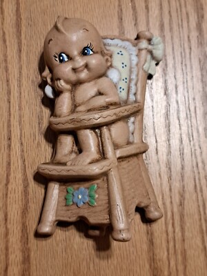 Vintage Kewpie Ceramic Wall Hanging Plaque Hand Painted Baby Kitschy Whimsical