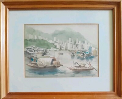 CHI SHING ''HONG KONG HABOUR'' ORIGINAL KLEINES AQUARELL. MITTE 20. JAHRHUNDERT
