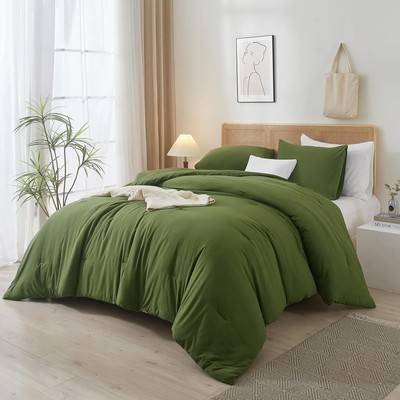 Olive Green Comforter Set Queen Size 3 Piece Solid Bedding Comforter Set