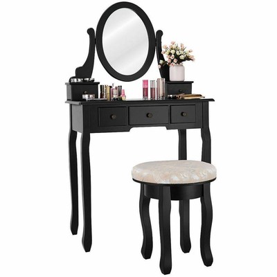 Costway Vanity Table Set18.5'' W/ Cushioned Stool+Mirror+5-Drawers Modern Black